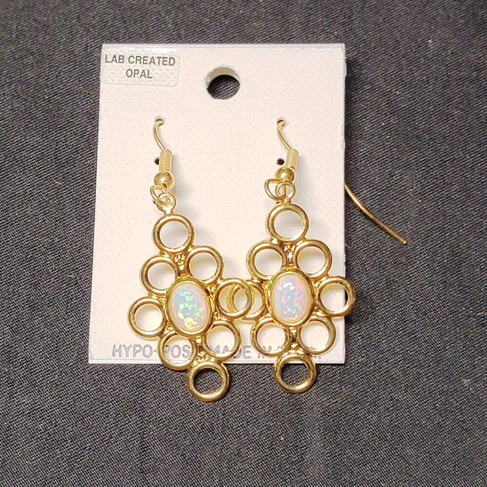 Lab Created Opal Moonstone Gemstone Dangle Earrings In Gold Tone Metal Drop